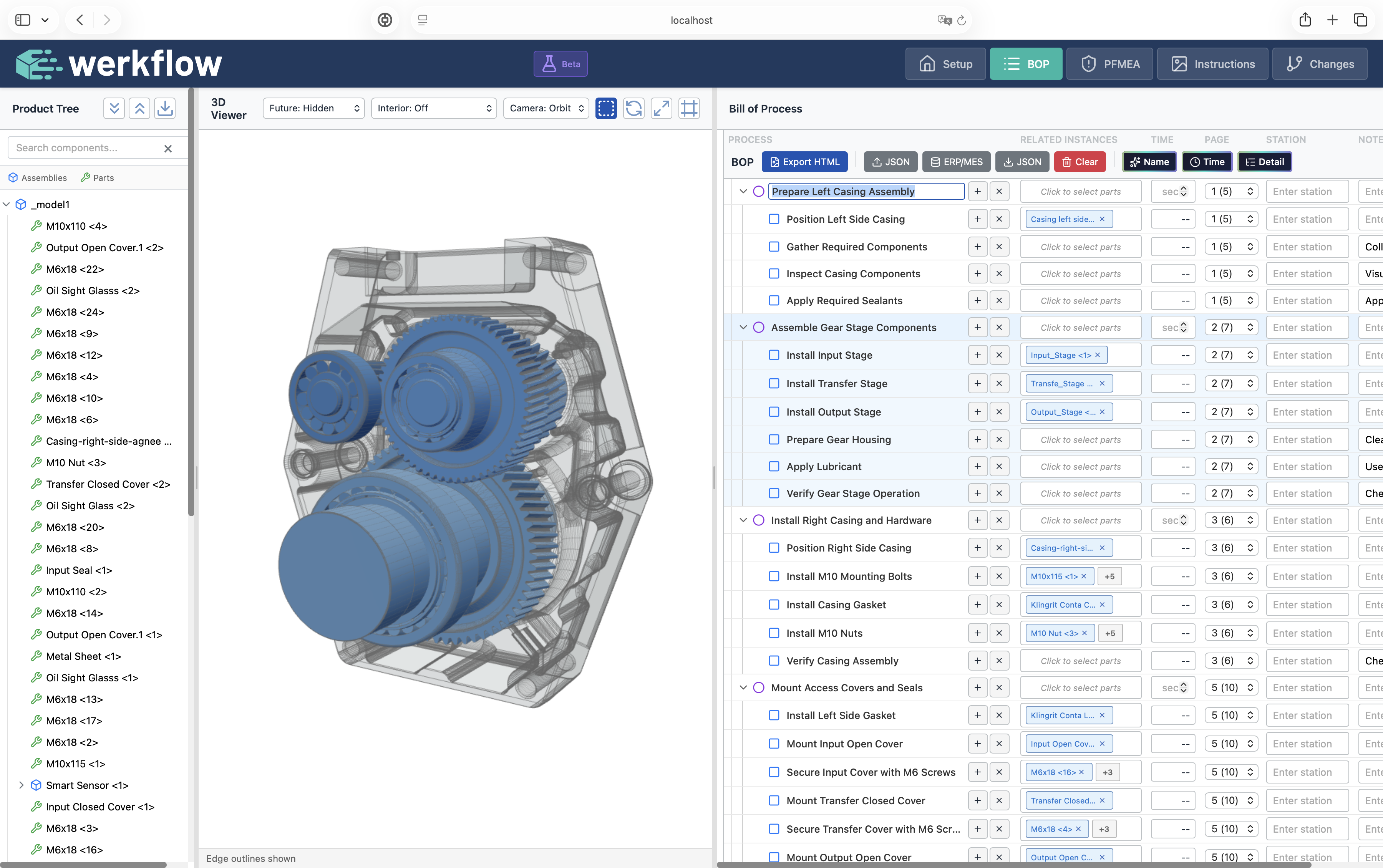 Werkflow product interface showing spatial planning environment with 3D assembly model and connected process structure